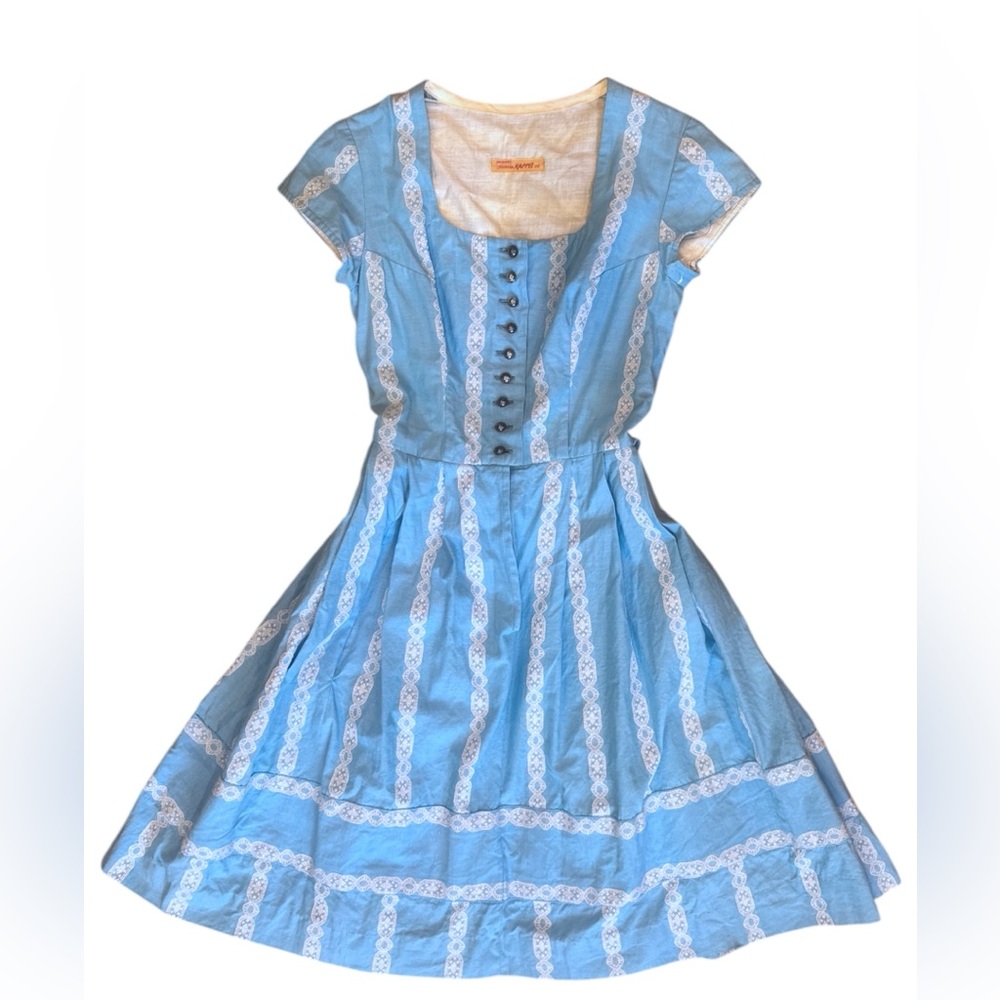 Vintage Johanna Rappel 08 Blue White Dirndl Dress Lace Print Pockets XS/S